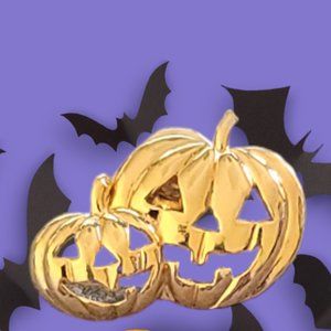 Gold Tone Jack-o-Lantern Pumpkins Hat or Lapel Pin Jewelry Halloween Fashion